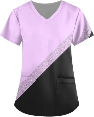 Scrubs for Women Short Sleeve Printing Scrubs Tops V Neck Working T-Shirts Soft Stretch Blouses with Pockets