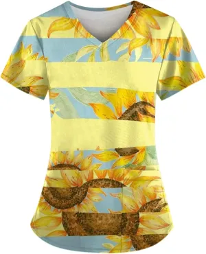 Scrubs Women Short Sleeve Floral Printed Scrubs Tops V Neck Working T-Shirts Soft Stretch Blouses with Pocket