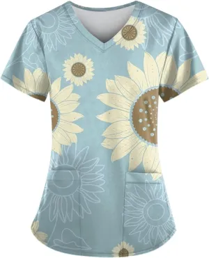 Scrubs Women Short Sleeve Floral Printed Scrubs Tops V Neck Working T-Shirts Soft Stretch Blouses with Pocket