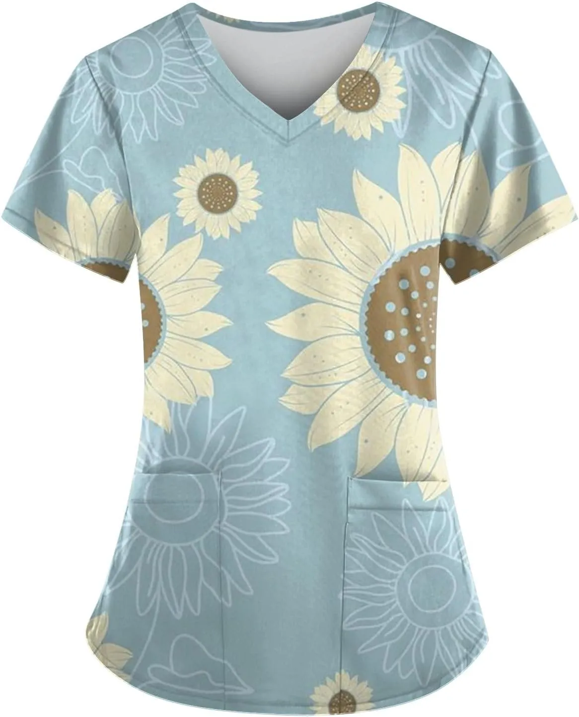 Scrubs Women Short Sleeve Floral Printed Scrubs Tops V Neck Working T-Shirts Soft Stretch Blouses with Pocket