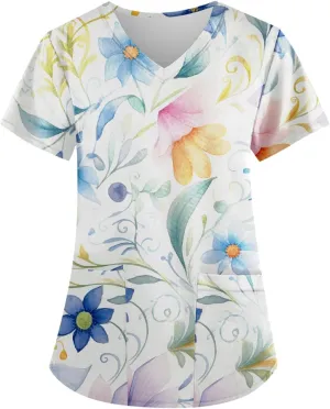 Scrubs Women V Neck Floral Printed Scrubs Tops Short Sleeve Blouses Soft Stretch Working T-Shirts with Pocket