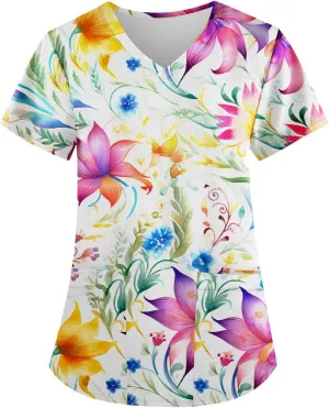 Scrubs Women V Neck Floral Printed Scrubs Tops Short Sleeve Blouses Soft Stretch Working T-Shirts with Pocket
