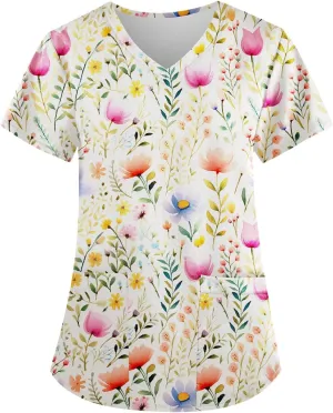 Scrubs Women V Neck Floral Printed Scrubs Tops Short Sleeve Blouses Soft Stretch Working T-Shirts with Pocket