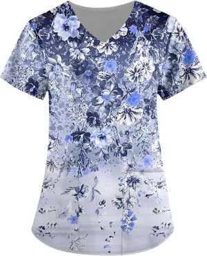 Scrubs Women V Neck Floral Printed Scrubs Tops Short Sleeve Blouses Soft Stretch Working T-Shirts with Pocket