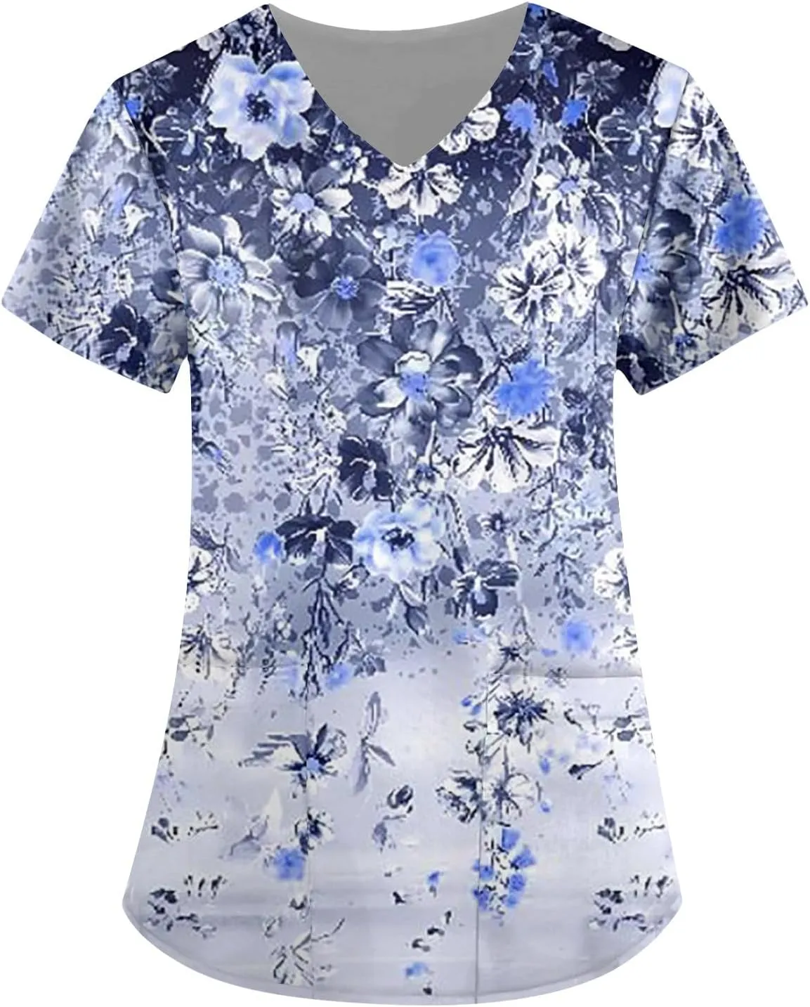 Scrubs Women V Neck Floral Printed Scrubs Tops Short Sleeve Blouses Soft Stretch Working T-Shirts with Pocket