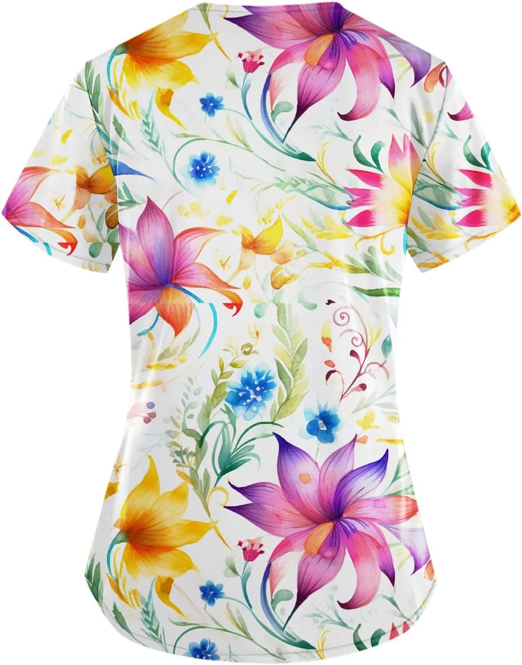 Scrubs Women V Neck Floral Printed Scrubs Tops Short Sleeve Blouses Soft Stretch Working T-Shirts with Pocket
