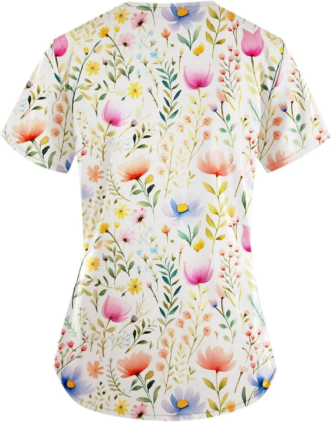 Scrubs Women V Neck Floral Printed Scrubs Tops Short Sleeve Blouses Soft Stretch Working T-Shirts with Pocket