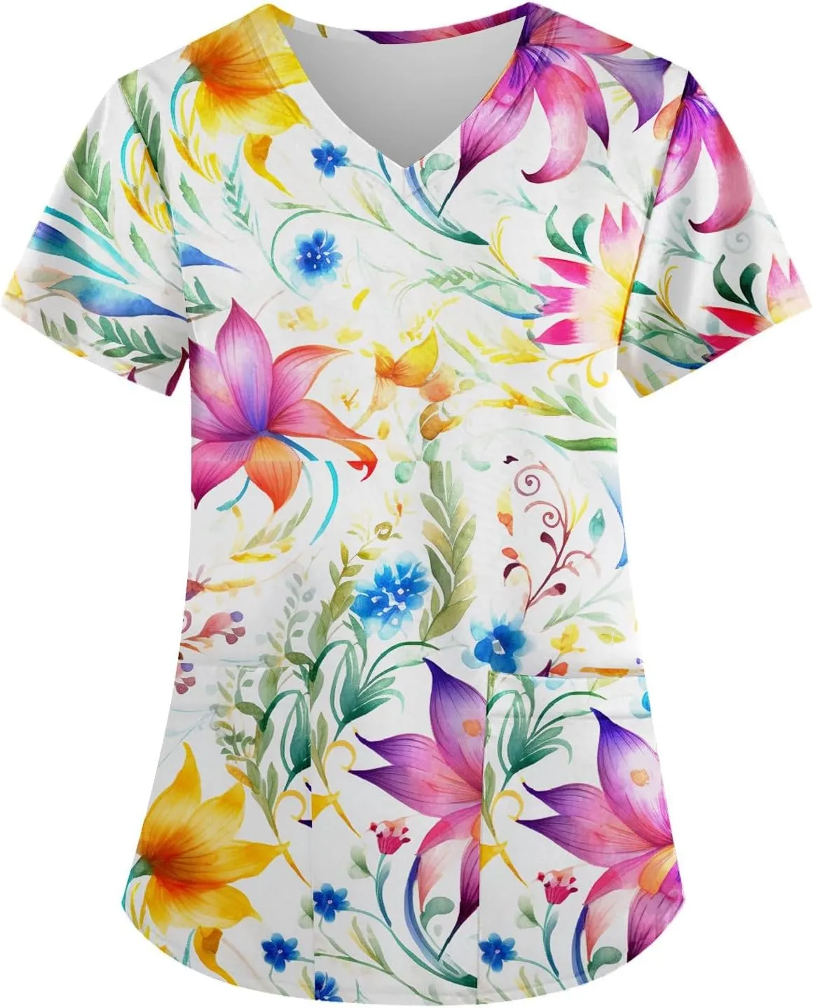 Scrubs Women V Neck Floral Printed Scrubs Tops Short Sleeve Blouses Soft Stretch Working T-Shirts with Pocket