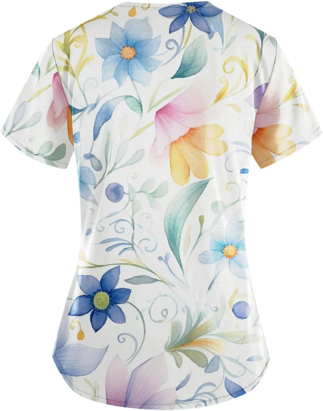 Scrubs Women V Neck Floral Printed Scrubs Tops Short Sleeve Blouses Soft Stretch Working T-Shirts with Pocket