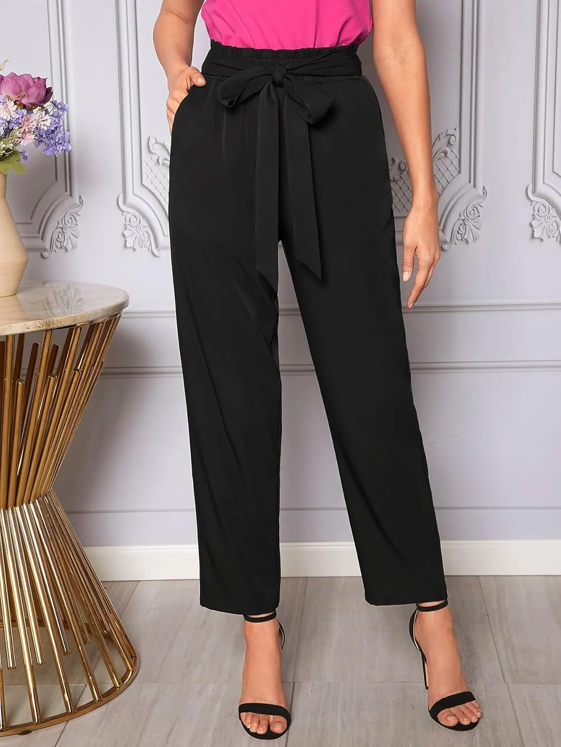 SECOLI Women's Straight Wide Leg Trousers Pants Black Elegant Paperbag Waist Tie Front Slant Pocket Pants