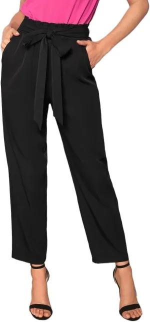 SECOLI Women's Straight Wide Leg Trousers Pants Black Elegant Paperbag Waist Tie Front Slant Pocket Pants