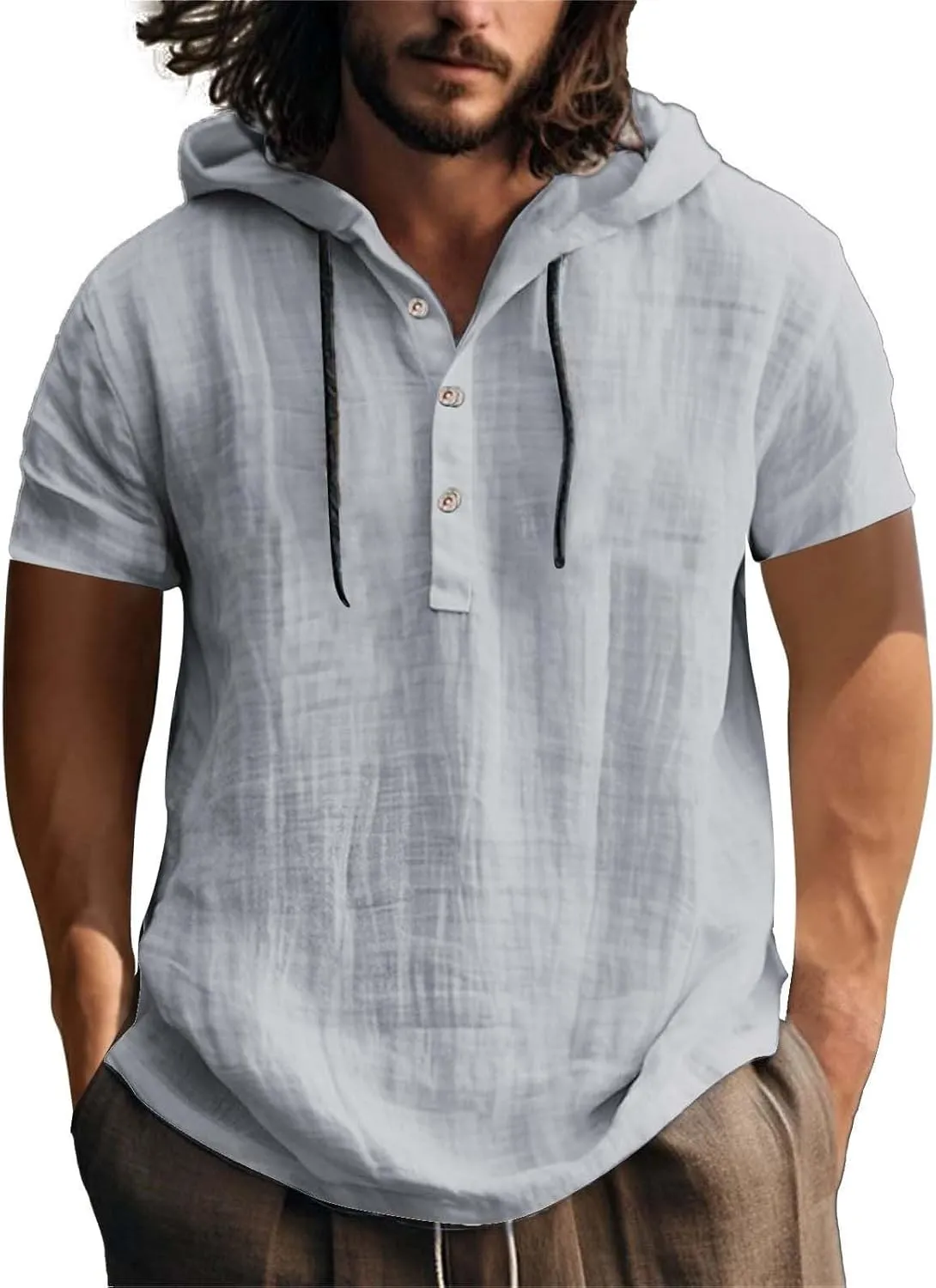 Short Sleeve Hoodies for Men Cotton Linen Henley Shirts with Hood Summer Button Up Hawaiian T-Shirt Loose Beach Tops