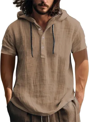 Short Sleeve Hoodies for Men Cotton Linen Henley Shirts with Hood Summer Button Up Hawaiian T-Shirt Loose Beach Tops