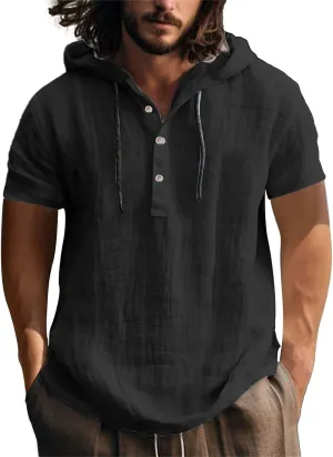Short Sleeve Hoodies for Men Cotton Linen Henley Shirts with Hood Summer Button Up Hawaiian T-Shirt Loose Beach Tops