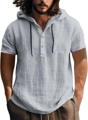 Short Sleeve Hoodies for Men Cotton Linen Henley Shirts with Hood Summer Button Up Hawaiian T-Shirt Loose Beach Tops