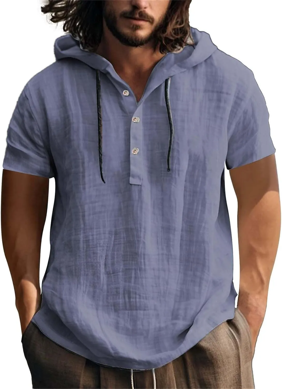 Short Sleeve Hoodies for Men Cotton Linen Henley Shirts with Hood Summer Button Up Hawaiian T-Shirt Loose Beach Tops
