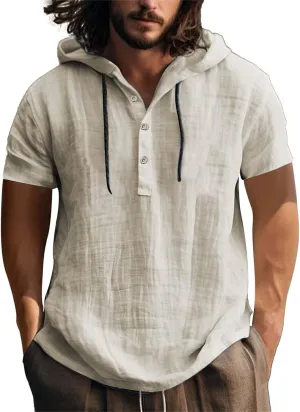 Short Sleeve Hoodies for Men Cotton Linen Henley Shirts with Hood Summer Button Up Hawaiian T-Shirt Loose Beach Tops