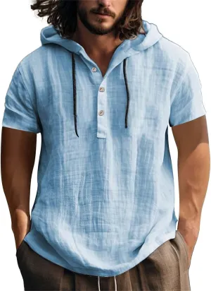 Short Sleeve Hoodies for Men Cotton Linen Henley Shirts with Hood Summer Button Up Hawaiian T-Shirt Loose Beach Tops