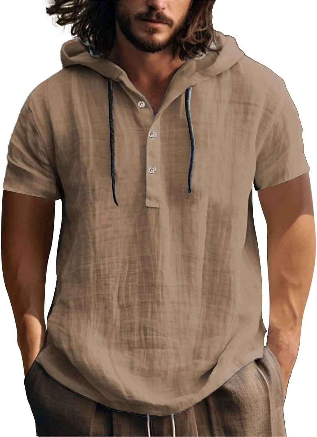 Short Sleeve Hoodies for Men Cotton Linen Henley Shirts with Hood Summer Button Up Hawaiian T-Shirt Loose Beach Tops