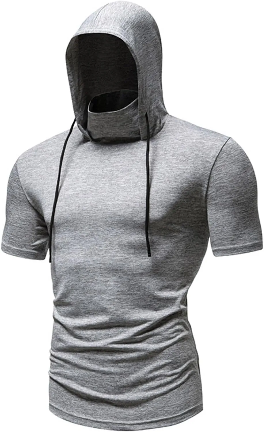 Short Sleeve Hoodies for Men Shirts with Face_mask Turtleneck Muscle Tshirt Fitness Casual Lightweight Slim Fit Tops