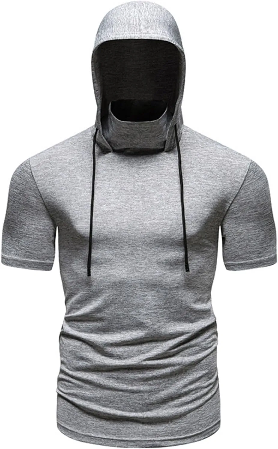 Short Sleeve Hoodies for Men Shirts with Face_mask Turtleneck Muscle Tshirt Fitness Casual Lightweight Slim Fit Tops