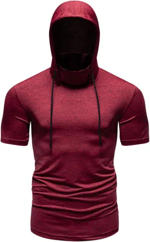Short Sleeve Hoodies for Men Shirts with Face_mask Turtleneck Muscle Tshirt Fitness Casual Lightweight Slim Fit Tops