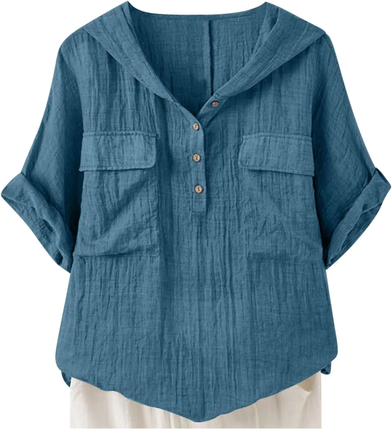Short Sleeve Linen Hoodie for Women V-Neck Henley Shirt Summer Casual Roll Up Blouse Gauze Tunics Travel Tops