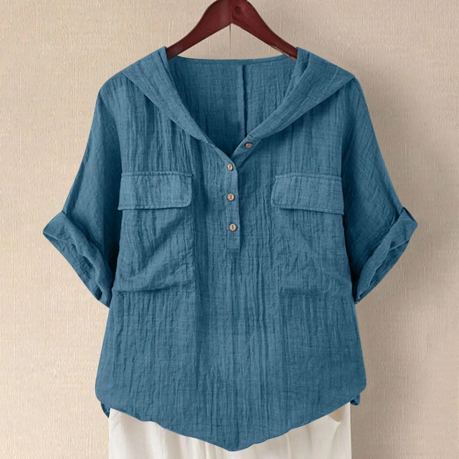 Short Sleeve Linen Hoodie for Women V-Neck Henley Shirt Summer Casual Roll Up Blouse Gauze Tunics Travel Tops