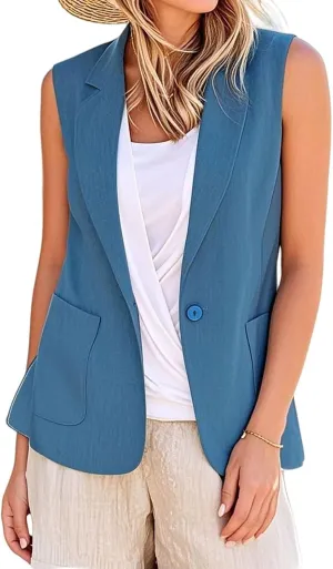 Sleeveless Blazers for Women Summer Casual Open Front Work Office Tops Solid Color Lapel Button Lightweight Jackets
