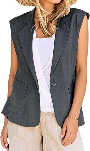 Sleeveless Blazers for Women Summer Casual Open Front Work Office Tops Solid Color Lapel Button Lightweight Jackets
