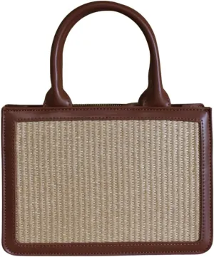 Structured Straw Handbag, Brown Faux Leather Trim, Top Handle Design