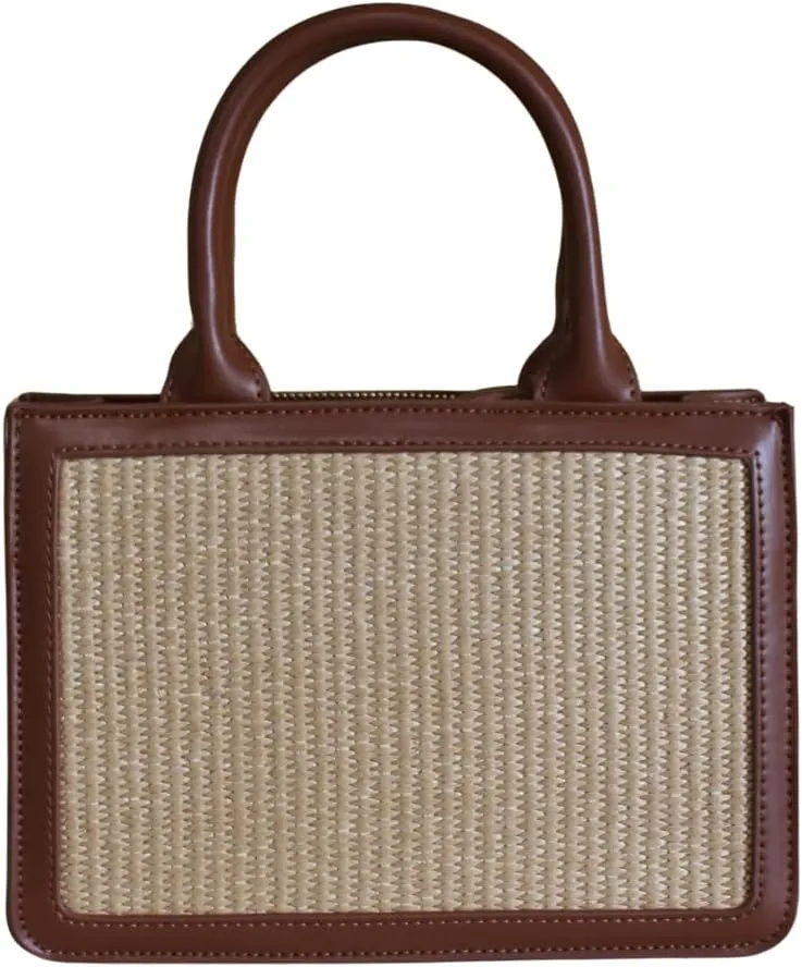 Structured Straw Handbag, Brown Faux Leather Trim, Top Handle Design