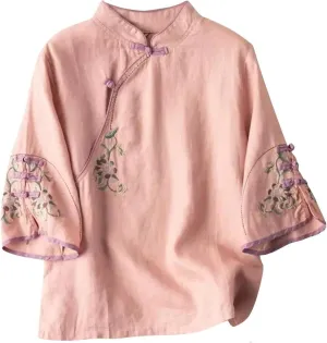 Summer Linen Tops for Women 3/4 Sleeve V Neck T Shirts Floral Embroidered Caqsual Blouse Loose Fit Vintage Tees