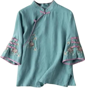 Summer Linen Tops for Women 3/4 Sleeve V Neck T Shirts Floral Embroidered Caqsual Blouse Loose Fit Vintage Tees