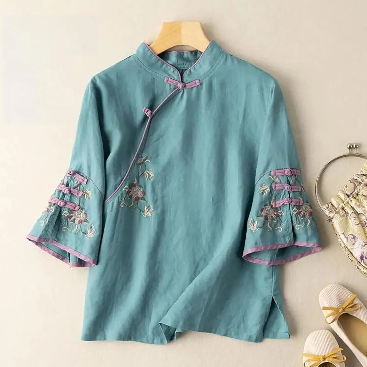 Summer Linen Tops for Women 3/4 Sleeve V Neck T Shirts Floral Embroidered Caqsual Blouse Loose Fit Vintage Tees