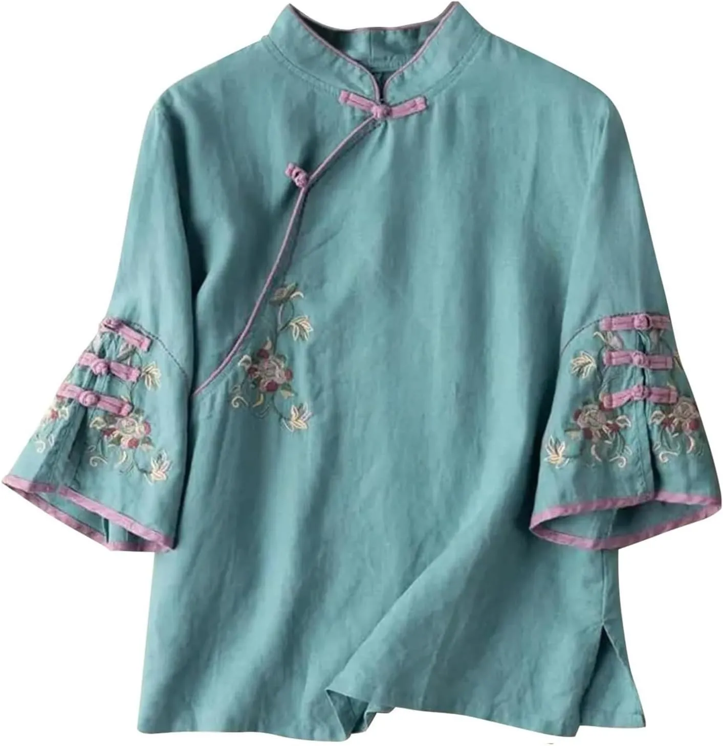 Summer Linen Tops for Women 3/4 Sleeve V Neck T Shirts Floral Embroidered Caqsual Blouse Loose Fit Vintage Tees
