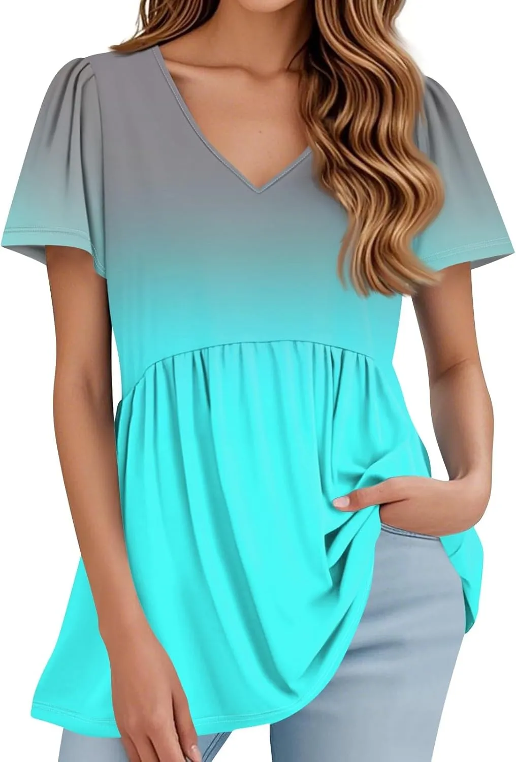 Summer Tops for Women 2025 Babydoll Short Sleeve Shirts V Neck T Shirts Puff Sleeve Peplum Tops