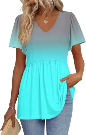 Summer Tops for Women 2025 Babydoll Short Sleeve Shirts V Neck T Shirts Puff Sleeve Peplum Tops