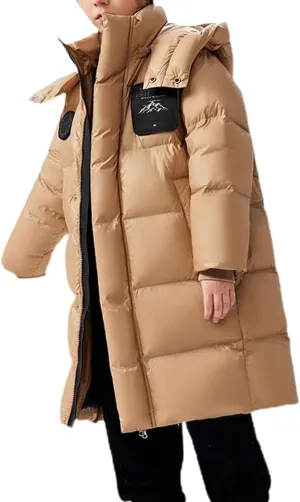ToddlBy Boys Girls Long Hooded Down Winter Coat Kids Puffer Down Jacket Parka Padded Jacket Thick (Khaki, 11-12 Years) k159