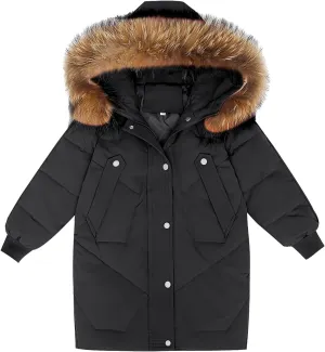 ToddlBy Kids Winter Coat Boys Girls Thick Warm Down Puffer Jacket with Furry Hood Parka Thermal (Black, 11-12 Years) k175