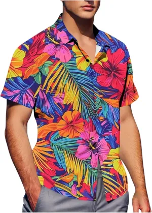 Tropical Floral Print Mens Hawaiian Shirts - Loose Lapel Casual Button Down Short Sleeve Vacation Beach Shirt