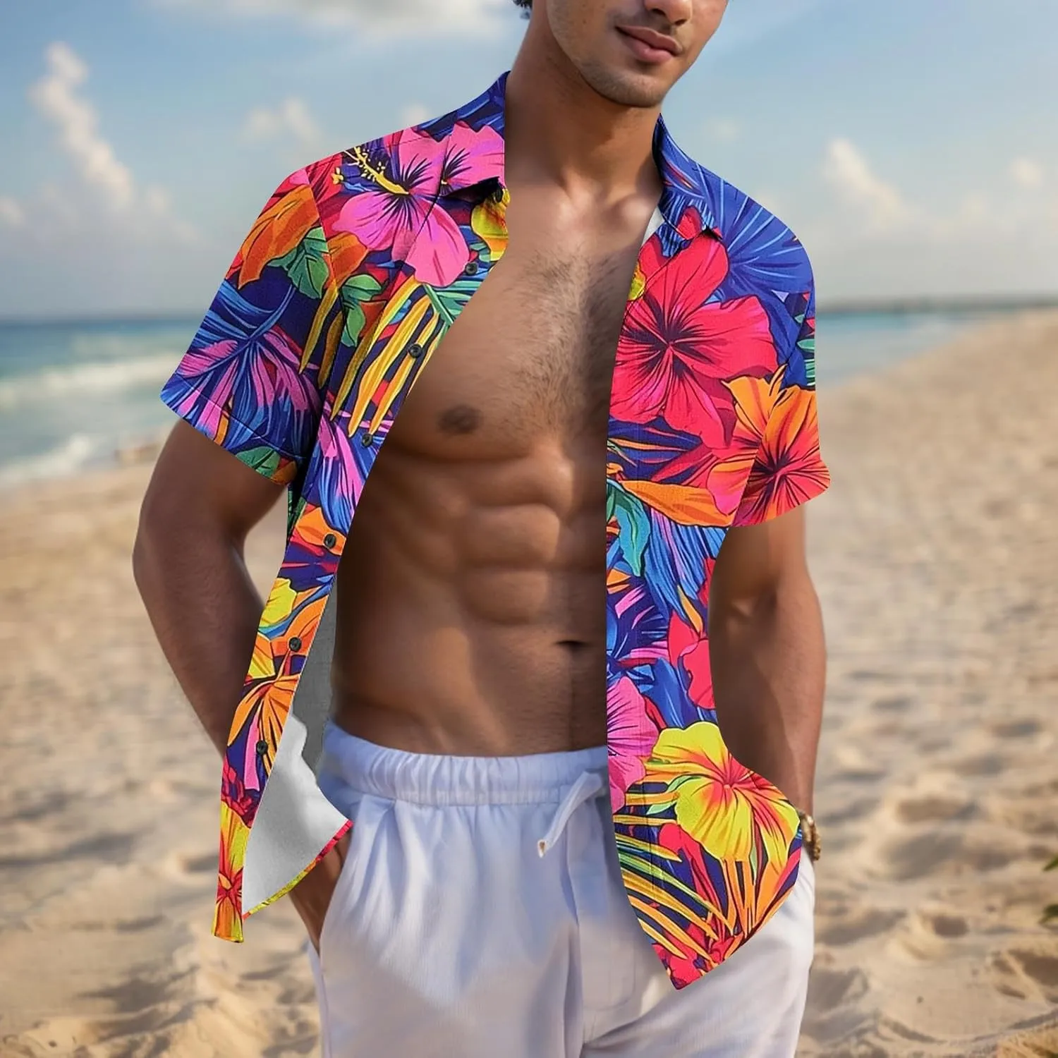 Tropical Floral Print Mens Hawaiian Shirts - Loose Lapel Casual Button Down Short Sleeve Vacation Beach Shirt