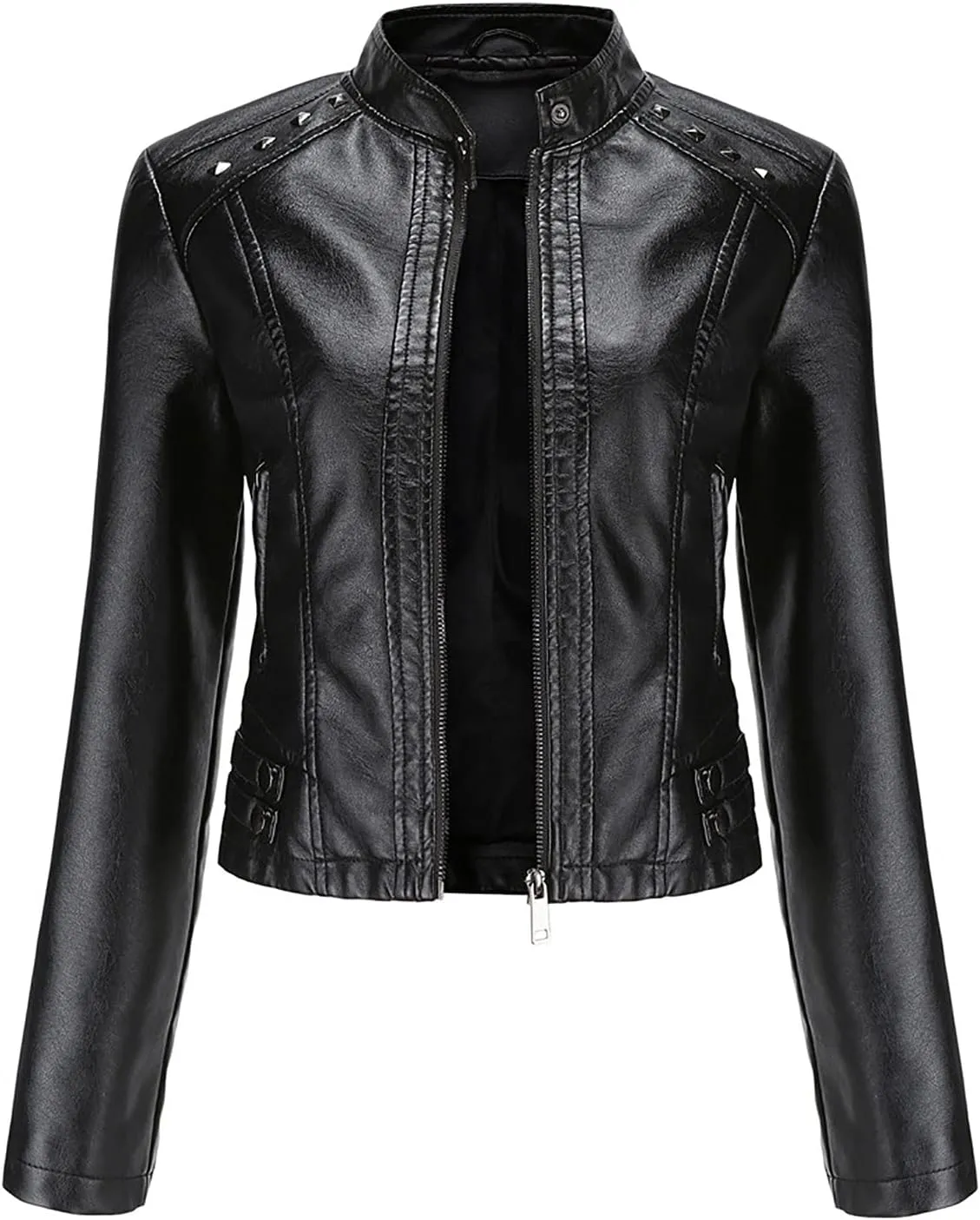 tuduoms Plus Size Leather Short Jacket Women Quilted Slim Fit Casual Motorcycle Jacket Long Sleeve Moto Biker Coat Outwear