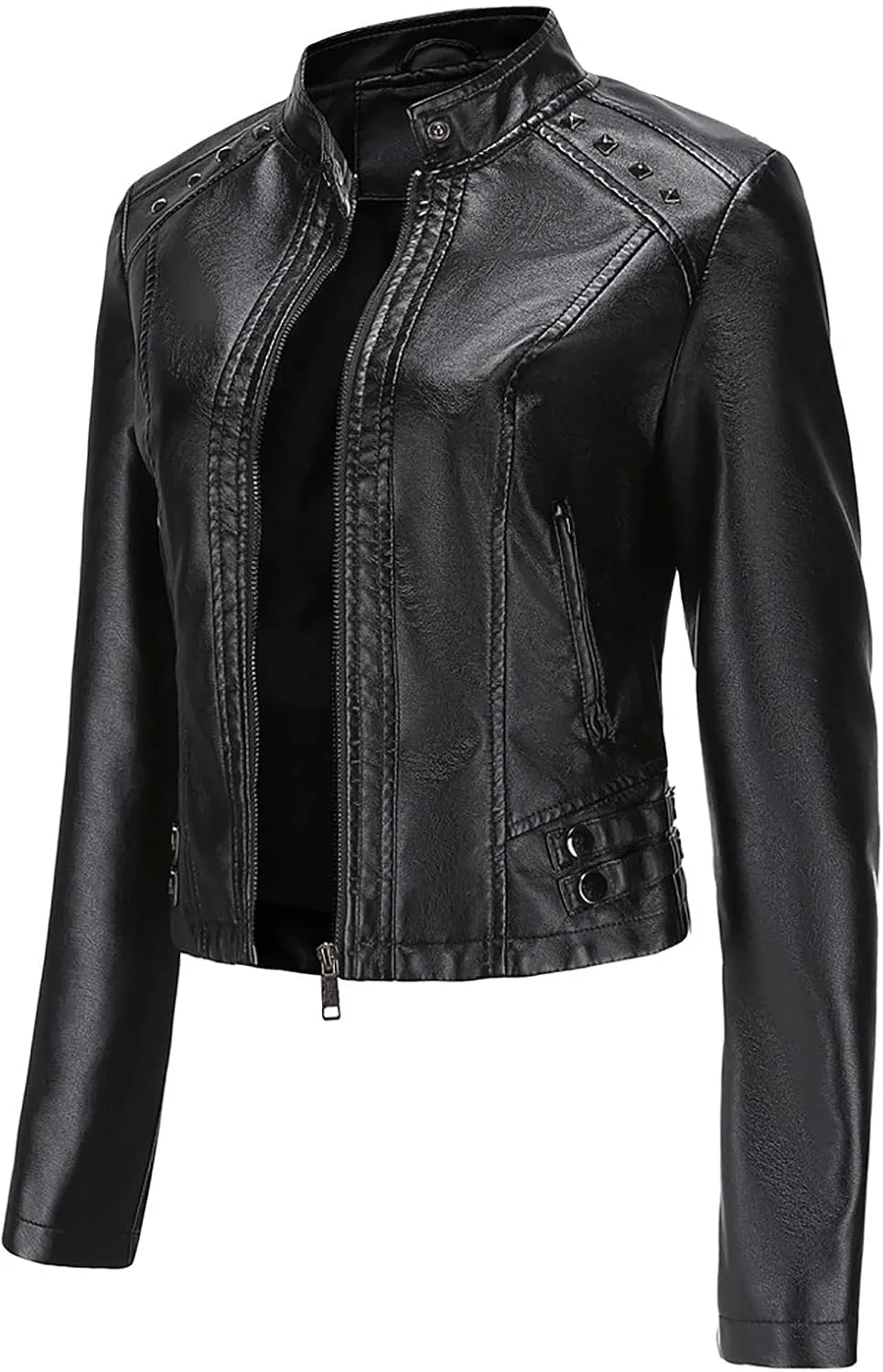 tuduoms Plus Size Leather Short Jacket Women Quilted Slim Fit Casual Motorcycle Jacket Long Sleeve Moto Biker Coat Outwear