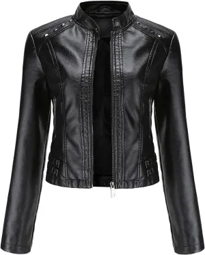 tuduoms Plus Size Leather Short Jacket Women Quilted Slim Fit Casual Motorcycle Jacket Long Sleeve Moto Biker Coat Outwear