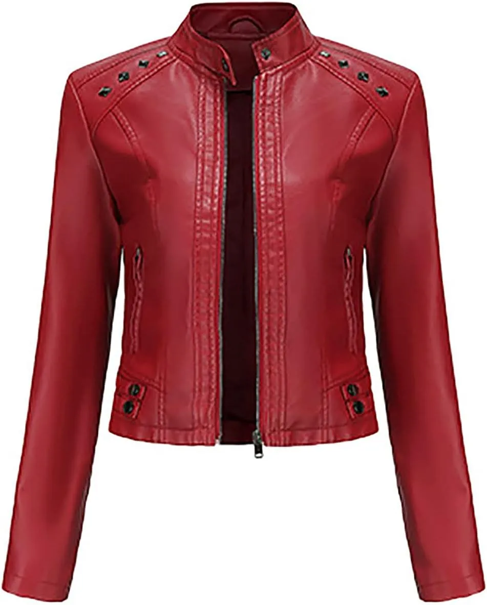 tuduoms Plus Size Leather Short Jacket Women Quilted Slim Fit Casual Motorcycle Jacket Long Sleeve Moto Biker Coat Outwear