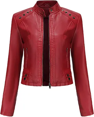 tuduoms Plus Size Leather Short Jacket Women Quilted Slim Fit Casual Motorcycle Jacket Long Sleeve Moto Biker Coat Outwear