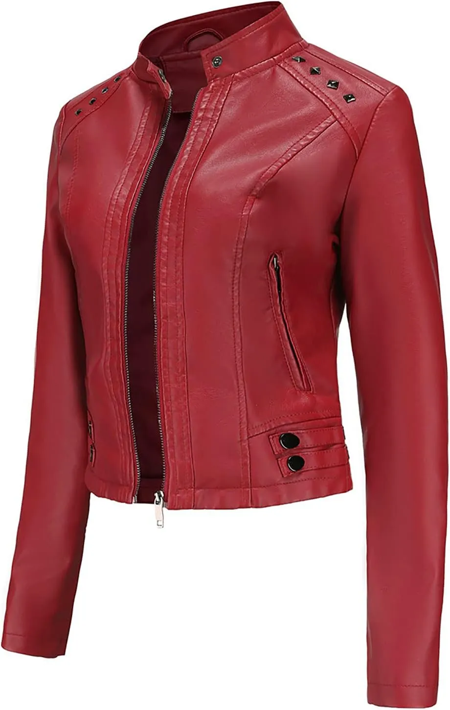 tuduoms Plus Size Leather Short Jacket Women Quilted Slim Fit Casual Motorcycle Jacket Long Sleeve Moto Biker Coat Outwear