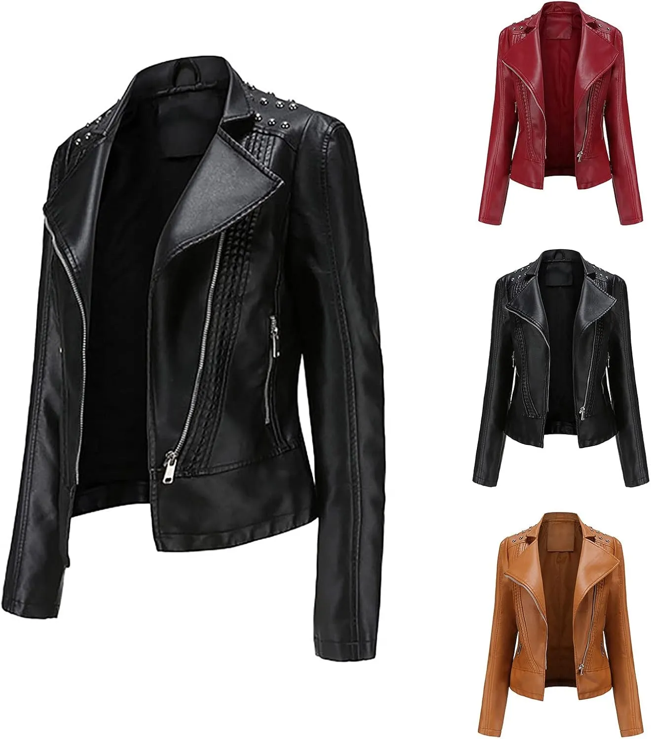 tuduoms Women Trendy Leather Jacket Slim Fit Casual Motorcycle Coat Asymmetrical Zip Up Biker Jacket with Splicing Details