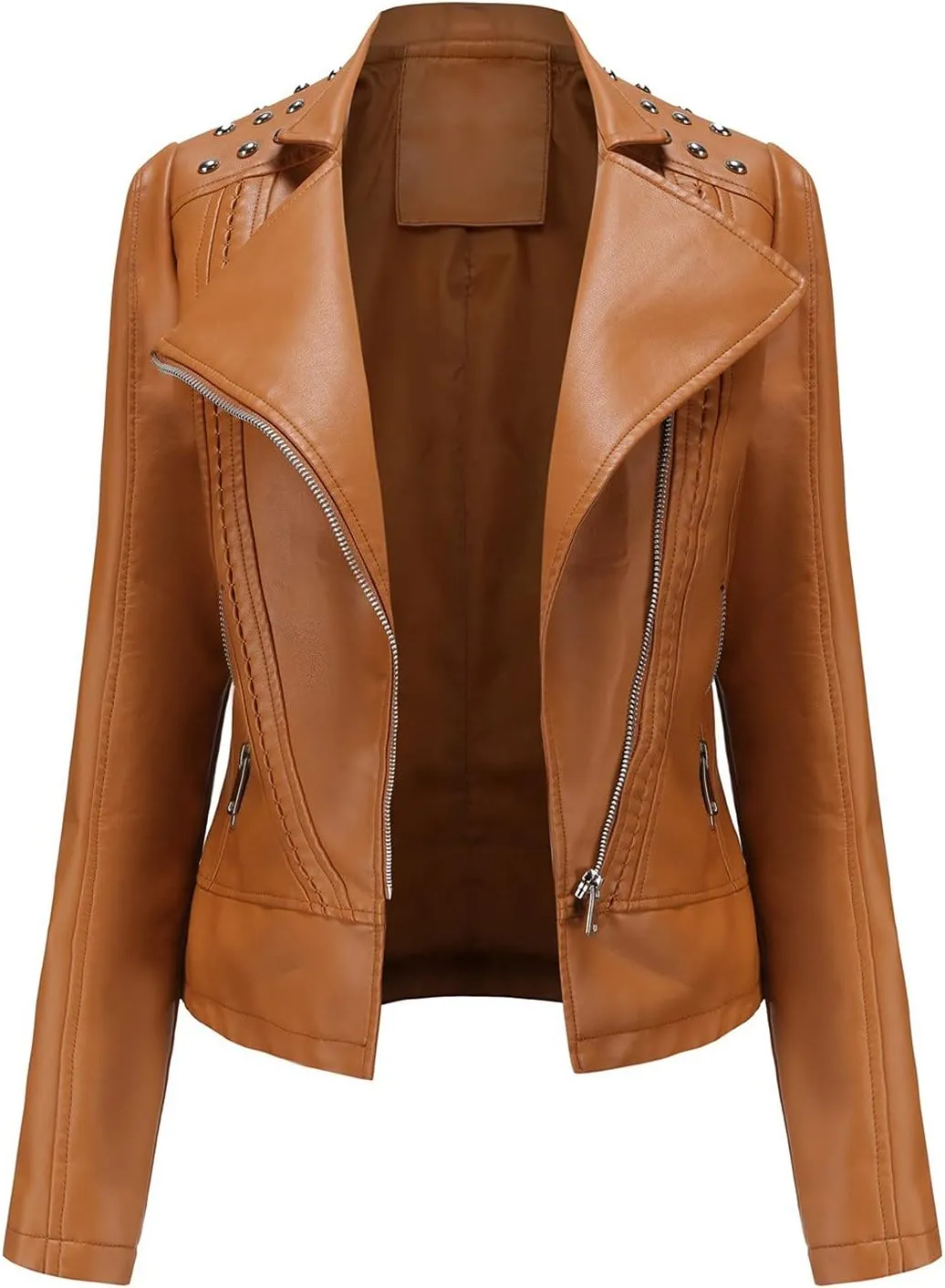 tuduoms Women Trendy Leather Jacket Slim Fit Casual Motorcycle Coat Asymmetrical Zip Up Biker Jacket with Splicing Details